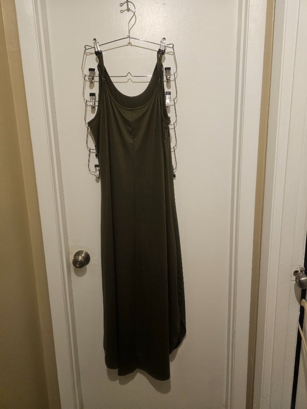 Temu Olive Green Curved Hem Long Dress - Adjustable Back Tie - Size Large